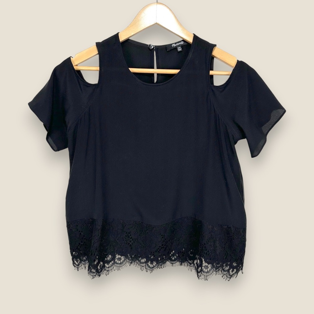 Madewell Lace Edged Silk Cold Shoulder Top Blouse Women XXS Black Casual Party